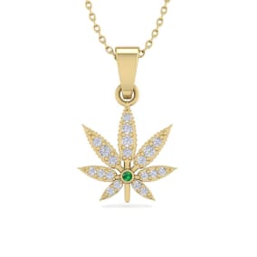 1/4 Carat Natural Diamond and Emerald Weed Leaf Necklace In 14K Yellow Gold
