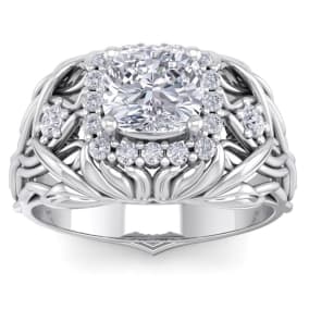 1 1/5 Carat Natural Cushion Cut Halo Diamond Intricate Vine Engagement Ring In 14 Karat White Gold