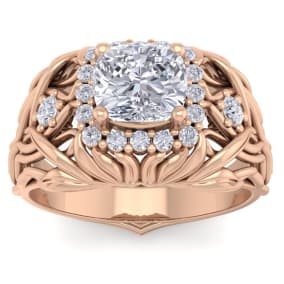 1 1/5 Carat Cushion Cut Halo Diamond Intricate Vine Engagement Ring In 14 Karat Rose Gold