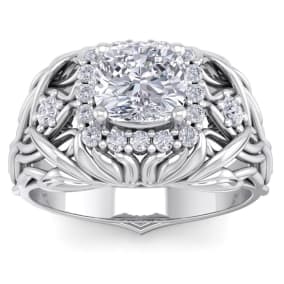 1 1/5 Carat Cushion Cut Halo Diamond Intricate Vine Engagement Ring In 14 Karat White Gold