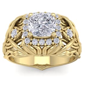 1 1/5 Carat Natural Cushion Cut Halo Diamond Intricate Vine Engagement Ring In 14 Karat Yellow Gold