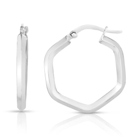 14 Karat White Gold Hexagon Hoop Earrings, 3/4 Inch