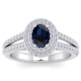 1 3/4 Carat Oval Shape Sapphire and Halo Diamond Ring In 14 Karat White Gold