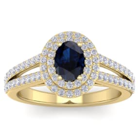 1 3/4 Carat Oval Shape Sapphire and Halo Diamond Ring In 14 Karat Yellow Gold