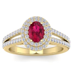 2 Carat Oval Shape Ruby and Halo Diamond Ring In 14 Karat Yellow Gold