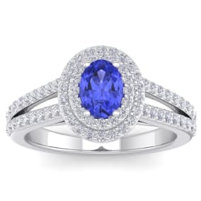 2 Carat Oval Shape Tanzanite and Halo Diamond Ring In 14 Karat White Gold