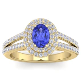 2 Carat Oval Shape Tanzanite and Halo Diamond Ring In 14 Karat Yellow Gold