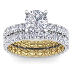 3 Carat Natural Round Shape Diamond Bridal Set In Quilted 14 Karat White and Yellow Gold