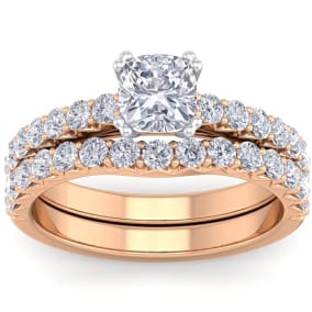 1 3/4 Carat Cushion Cut Diamond Bridal Set In 14 Karat Rose Gold