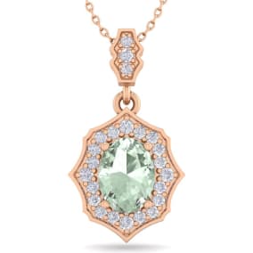 1 1/3 Carat Oval Shape Green Amethyst and Diamond Necklace In 14 Karat Rose Gold, 18 Inches