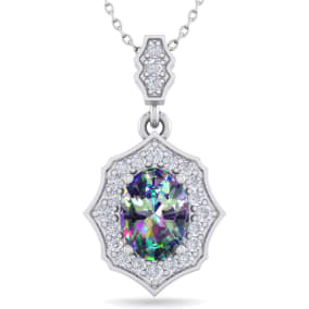 1-1/3 Carat Oval Shape Mystic Topaz Necklace With Fancy Diamond Halo In 14 Karat White Gold, 18 Inches