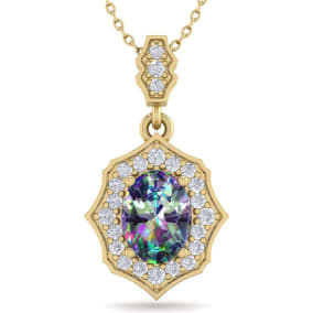 1-1/3 Carat Oval Shape Mystic Topaz Necklace With Fancy Diamond Halo In 14 Karat Yellow Gold, 18 Inches