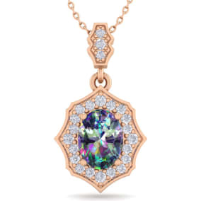 1-1/3 Carat Oval Shape Mystic Topaz Necklace With Fancy Diamond Halo In 14 Karat Rose Gold, 18 Inches