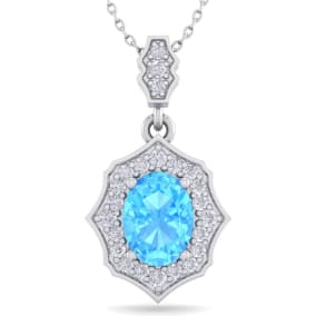 1 3/4 Carat Oval Shape Blue Topaz and Diamond Necklace In 14 Karat White Gold, 18 Inches