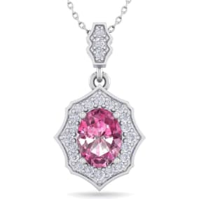 1 3/4 Carat Oval Shape Pink Topaz and Diamond Necklace In 14 Karat White Gold, 18 Inches