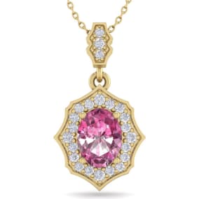 Pink Gemstones 1 3/4 Carat Oval Shape Pink Topaz and Diamond Necklace In 14 Karat Yellow Gold, 18 Inches