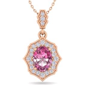 Pink Gemstones 1 3/4 Carat Oval Shape Pink Topaz and Diamond Necklace In 14 Karat Rose Gold, 18 Inches