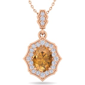 1 1/3 Carat Oval Shape Citrine and Diamond Necklace In 14 Karat Rose Gold, 18 Inches