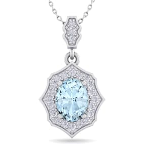 1 1/2 Carat Oval Shape Aquamarine and Diamond Necklace In 14 Karat White Gold, 18 Inches