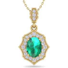 1-1/2 Carat Oval Shape Emerald Necklaces With Diamonds In 14 Karat Yellow Gold, 18 Inch Chain