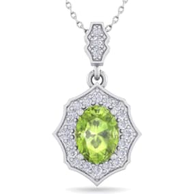 1 1/2 Carat Oval Shape Peridot and Diamond Necklace In 14 Karat White Gold, 18 Inches