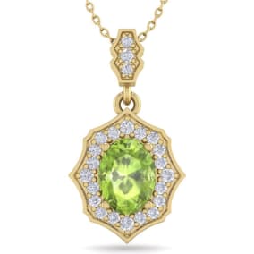 1 1/2 Carat Oval Shape Peridot and Diamond Necklace In 14 Karat Yellow Gold, 18 Inches