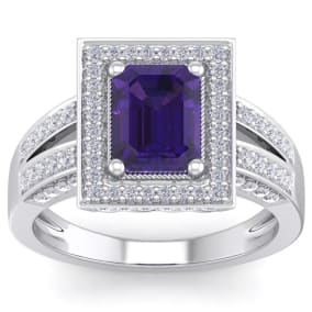 2 1/5 Carat Amethyst and Halo Diamond Ring In 14 Karat White Gold