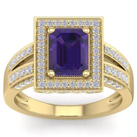 2 1/5 Carat Amethyst and Halo Diamond Ring In 14 Karat Yellow Gold