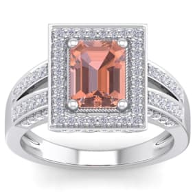 2 Carat Morganite and Halo Diamond Ring In 14 Karat White Gold