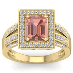2 Carat Morganite and Halo Diamond Ring In 14 Karat Yellow Gold