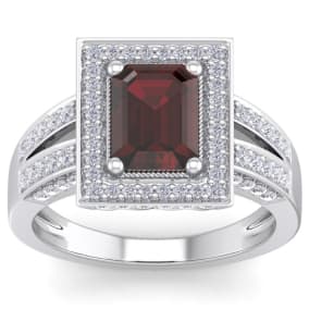 2 1/2 Carat Garnet and Halo Diamond Ring In 14 Karat White Gold