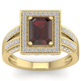 2 1/2 Carat Garnet and Halo Diamond Ring In 14 Karat Yellow Gold