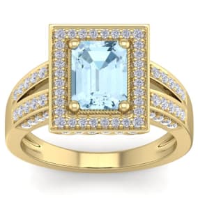2 Carat Aquamarine and Halo Diamond Ring In 14 Karat Yellow Gold
