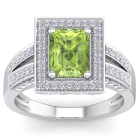2 1/2 Carat Peridot and Halo Diamond Ring In 14 Karat White Gold