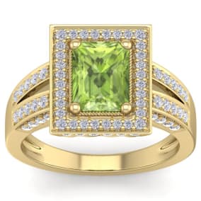 2 1/2 Carat Peridot and Halo Diamond Ring In 14 Karat Yellow Gold