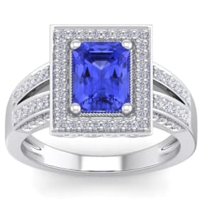 2 1/2 Carat Tanzanite and Halo Diamond Ring In 14 Karat White Gold
