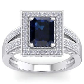 3 Carat Sapphire and Halo Diamond Ring In 14 Karat White Gold