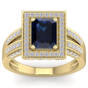 3 Carat Sapphire and Halo Diamond Ring In 14 Karat Yellow Gold
