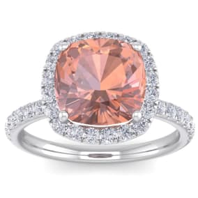 5 Carat Cushion Cut Morganite and Diamond Ring In 14 Karat White Gold