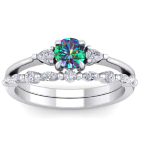 3/4 Carat Round Shape Mystic Topaz Ring and Diamond Band - Bridal Set In 14 Karat White Gold