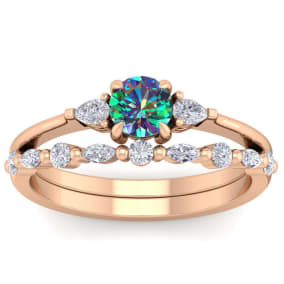 3/4 Carat Round Shape Mystic Topaz Ring and Diamond Band - Bridal Set In 14 Karat Rose Gold