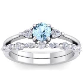 Aquamarine Ring: Aquamarine Jewelry: 7/8 Carat Aquamarine and Diamond Antique Style Bridal Set In 14 Karat White Gold