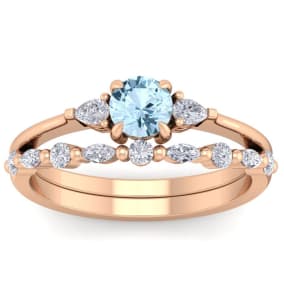 Aquamarine Ring: Aquamarine Jewelry: 7/8 Carat Aquamarine and Diamond Antique Style Bridal Set In 14 Karat Rose Gold