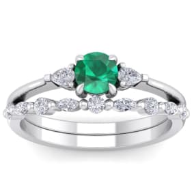 7/8 Carat Emerald and Diamond Antique Style Bridal Set In 14 Karat White Gold