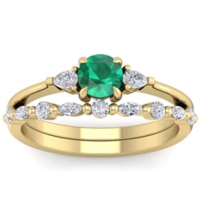 7/8 Carat Emerald and Diamond Antique Style Bridal Set In 14 Karat Yellow Gold