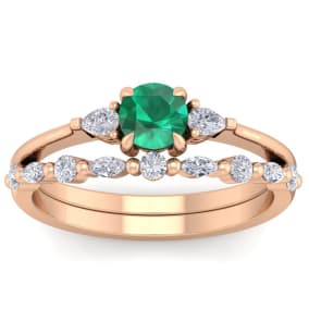 7/8 Carat Emerald and Diamond Antique Style Bridal Set In 14 Karat Rose Gold