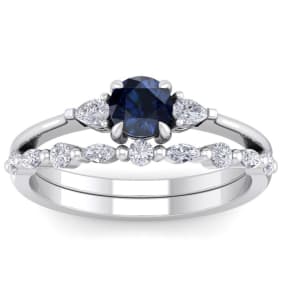 1 Carat Sapphire and Diamond Antique Style Bridal Set In 14 Karat White Gold