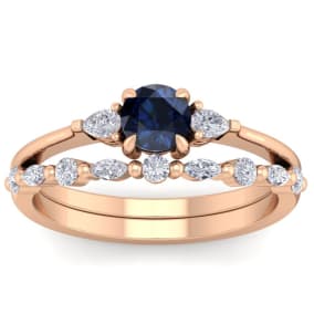 1 Carat Sapphire and Diamond Antique Style Bridal Set In 14 Karat Rose Gold