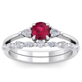1 Carat Ruby and Diamond Antique Style Bridal Set In 14 Karat White Gold