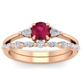 1 Carat Ruby and Diamond Antique Style Bridal Set In 14 Karat Rose Gold